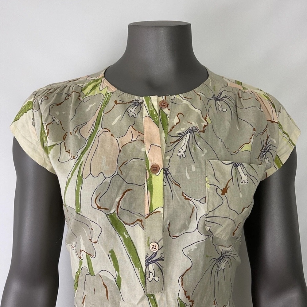 Porridge‎ Dress Womens 2 Floral Button Down Crew Neck Neutral Modest Cap Sleeve - Picture 4 of 13